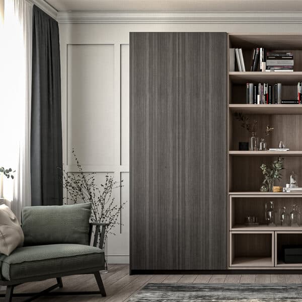 Ribbed Black Oak Wardrobe with Solid Oak central open shelves in a contemporary bedroom with Chair and rug.
